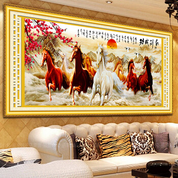 诗美诗格2米印花十字绣八骏图马到成功新款客厅大画系列 11CT三股绣 155*65厘米满绣生态棉线
