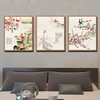 
                                        天顶山 新中式客厅装饰画国画花鸟沙发背景墙画有框三联画书房办公室挂画玄关画 简约中式三联 木纹框 50*70CM                