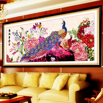 手工绣丝带绣套件 孔雀富贵牡丹图 大幅客厅装饰画 175*75cm 春满华堂 A-5561