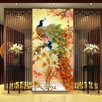 
                                        IKSI十字绣刺绣竖孔雀玉兰花开富贵客厅走廊系列大幅孔雀开屏新款客厅卧室走廊玄关KS28D 实惠棉线中格三股绣65*121cm                