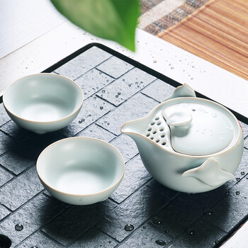 
                                        乐陶苑 陶瓷功夫茶具 哥窑汝窑快客杯 便携茶具 1壶2 礼盒装 整套茶具 天青 1壶2杯                