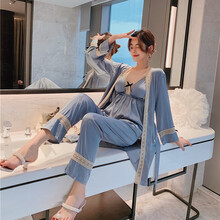 115元包邮  PEANOJEAN 6774 女士性感蕾丝吊带睡衣三件套