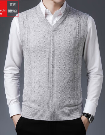 皮尔卡丹2021春秋季中年男士v领针织马甲薄款纯色套头坎肩含羊毛毛衣