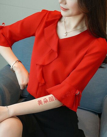 仙遮肚子雪纺衫短袖女装夏装新款夏天雪纺衣服女显瘦喇叭袖上衣红色m