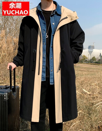 余潮风衣男中长款外套春秋季男装连帽大码假两件宽松抽蝇披风大衣休闲