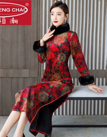 恒潮中国风冬装旗袍改良版连衣裙加绒加厚保暖2021长袖唐装小棉袄红色
