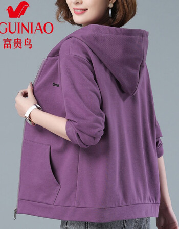 连帽卫衣女开衫宽松2021春秋新款中年妈妈秋装减龄洋气短外套潮紫色l