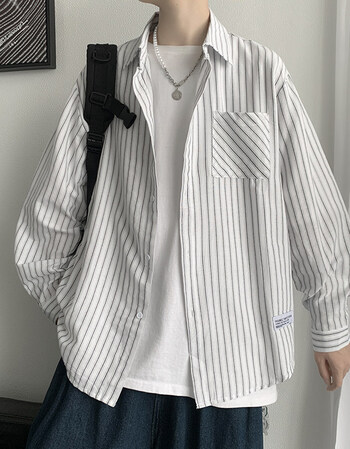 曼迪尚竖条纹衬衫男春秋季宽松潮流ins港风长袖衬衣青少年街头痞曼迪