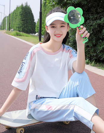 13-15-18初中生高中生女生夏天穿的运动套装七分裤班服夏季两少女韩版