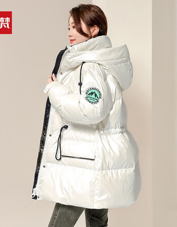 高梵免洗亮面羽绒服女冬中长款2021年新款潮抽绳收腰加厚冬装外套白色