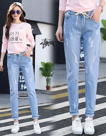 松紧带牛仔裤女休闲宽松春秋2021新款夏季显瘦韩版束脚九分哈伦裤9699