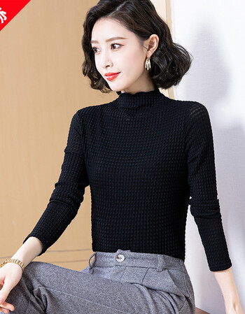 敏赫半高领打底衫女春秋季长袖洋气纯色内搭上衣黑色薄款女士时尚线衫