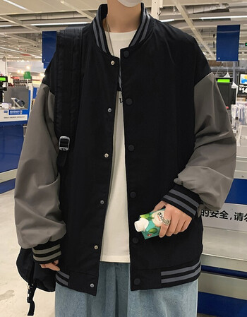 宽松大码学生个性外套秋季新款时尚百搭青少年痞帅棒球服黑色深灰袖xl