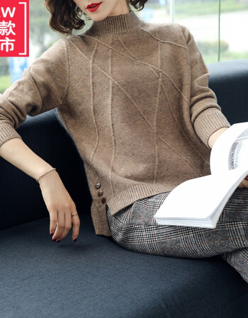 特价捡漏市春秋纯色羊毛衫女士半高领毛衣开叉羊绒打底衫洋气咖啡色