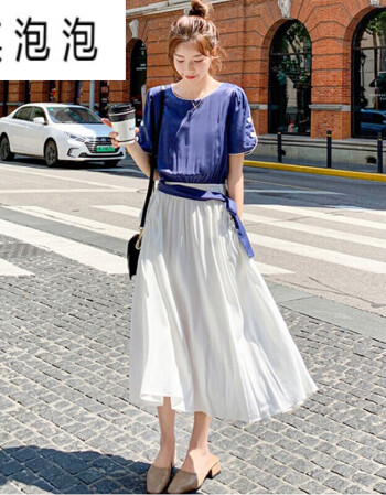 裙子女士小个子韩版宽松印花时尚性感a字短袖衣服中长款蓝白尺码s至xl