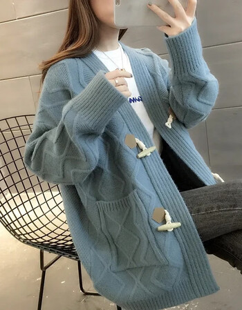 新款2021秋冬季女装针织衫长袖外套女宽松慵懒风女开衫v领ins潮蓝色l
