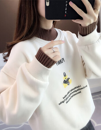 大学生高领加绒加厚卫衣女士秋冬款高中生假两件拼接无帽韩版新外穿