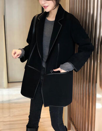毛呢大衣女秋季新款黑色时尚高端双面毛呢外套女气质显瘦韩版潮黑色xl