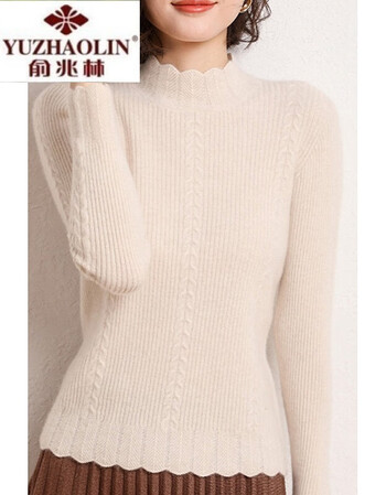俞兆林秋冬新款花边半高领羊毛衫女色扭花显瘦羊绒针织打底毛衣米色s