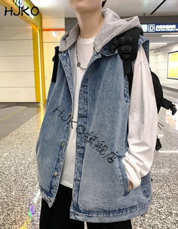hjko牛仔马甲男背心上衣外套潮牌欧美街头无袖夹克带帽坎肩春秋款宽松