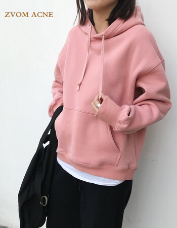 zvom acnenizondays2017秋冬粉色连帽加厚加绒卫衣女学生套头宽松软妹