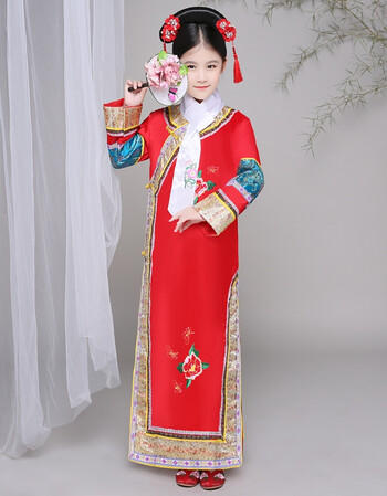 清朝宫廷女童晴川宫女满族旗服甄嬛 红色格格 旗头 头饰 120cm
