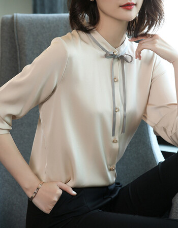 韩诗彤优雅女士长袖真丝上衣纯色系带立领宽松桑蚕丝衬衫女2018春装
