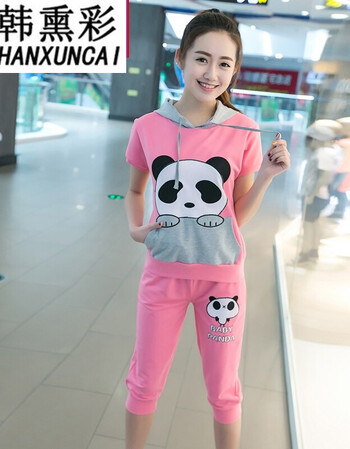 学生中学生套装运动服休闲套装女夏季七分裤短袖显瘦学生夏 粉红色 l