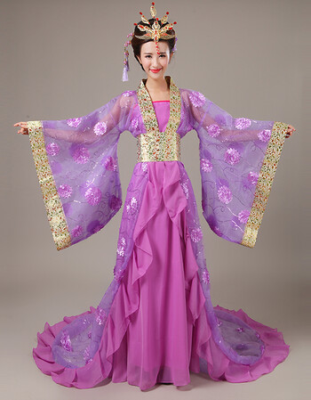 贵妃拖尾服装仙女唐装古代女式服装演出服汉服女公主舞蹈服装 紫色 大
