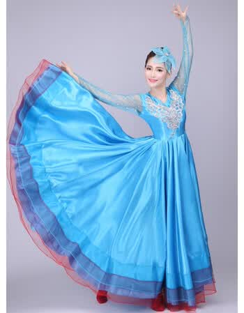 舞大摆裙民族舞蹈裙表演服装舞台装大合唱演出服女长裙 湖蓝色360度 s