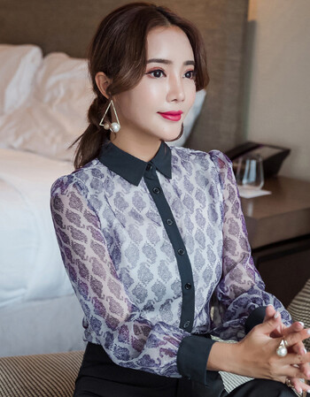 精致女人丝质印花衬衫女长袖修身显瘦衬衣季韩版女装