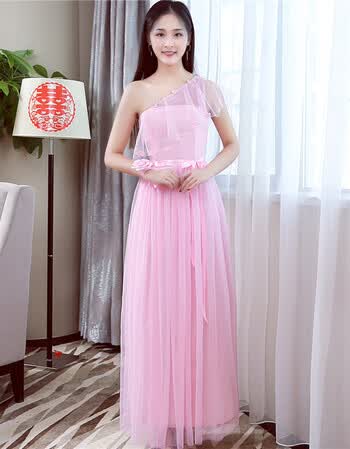 伴娘团礼服长款公司年会主持晚宴约会晚礼服长裙表演礼艺考qss 粉色单