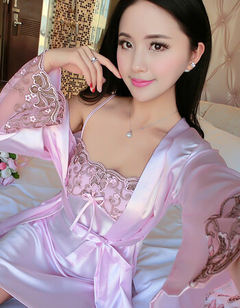 新款真丝睡衣女夏性感两件套春秋长袖高贵加大码冰丝修身吊带睡裙 852