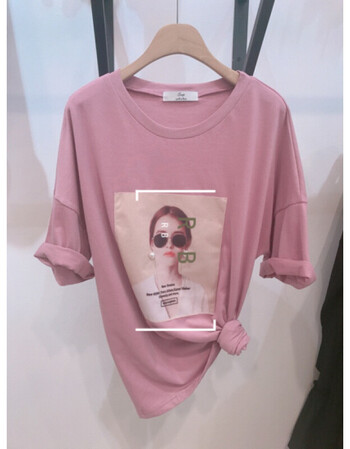 2018夏季新款韩版美女头像印花圆领短袖t恤女宽松上衣体恤潮 粉红色 m