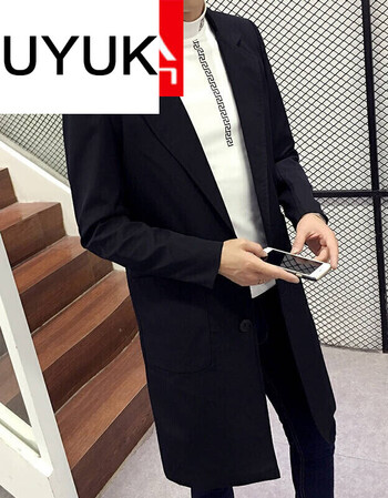 uyuk 新款中长外套男中长风衣务西装衣薄加绒 黑色 m
