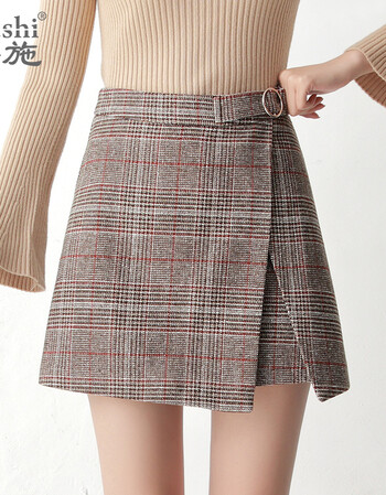 高腰格子半身裙女秋冬2018春季新款韩版显瘦不规则a字短裙女夏季sn