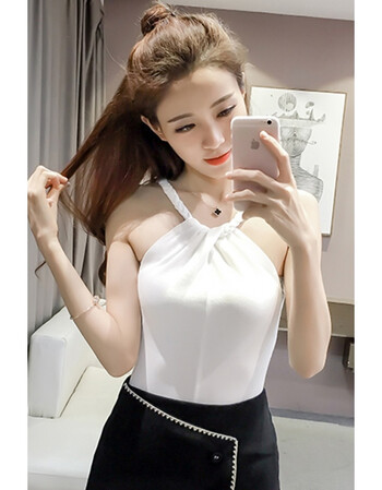 性感无袖挂脖背心女夏季短款露肩打底百搭外穿针织吊带衫 白色 均码