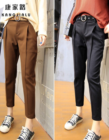 康家路秋冬新款毛呢哈伦裤女焦糖色休闲裤显瘦宽松小脚裤九分裤子韩