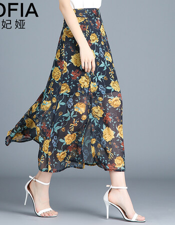 珂妃娅 雪纺半身裙长裙夏季2018新品韩版印花复古开叉高腰显瘦时尚