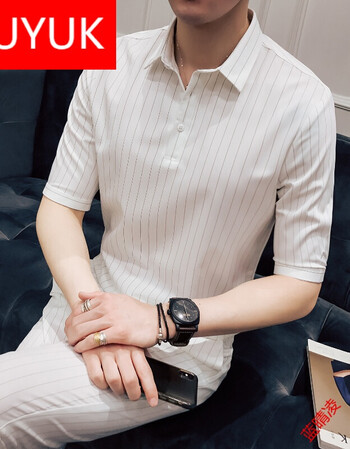 套2018夏装宽松韩版条纹英伦中袖衬衣九分裤小西装套装潮男发型师衣服