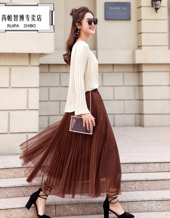纱裙半身裙百褶裙春夏女2018中长款高腰黑白色网纱长裙子 咖色 xl