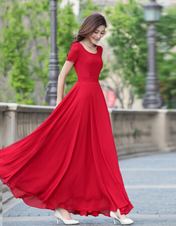 夏连衣裙素衣女2018新款气质雪纺仙气沙滩裙大摆显瘦裙子长款 大红色