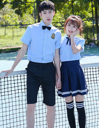 生大学生男生女生校服毕业班服情侣装制服短袖套装 男蓝短袖 黑短裤 s