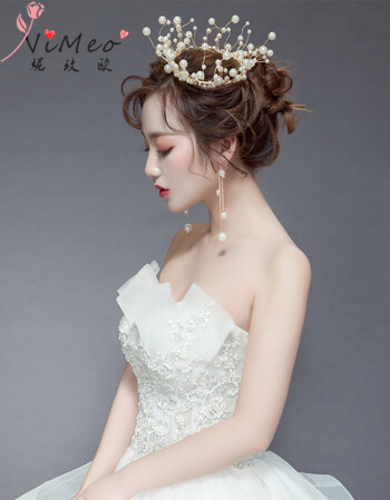 妮玫欧 新娘珍珠皇冠圆冠耳环套装 时尚韩式头饰婚礼婚纱头纱配饰品