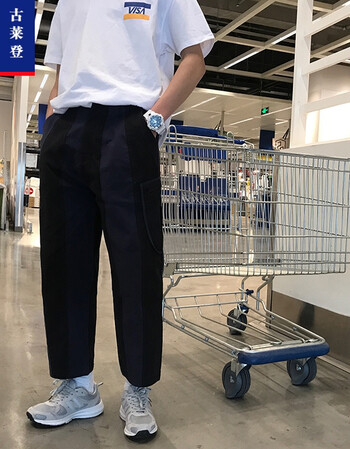 古莱登 代购款潮流修身拼皮休闲裤小脚纯黑色松紧腰男青年长裤子个性