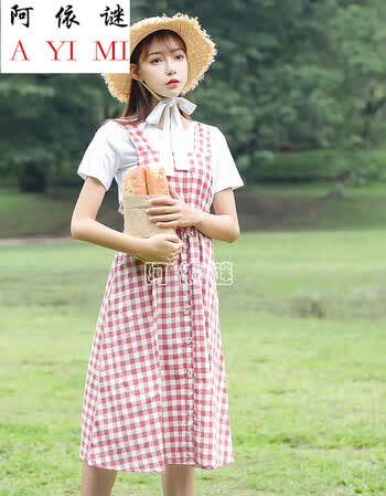 阿依谜甜美可爱少女00后网红仙女初恋超短裙子夏天森系格子长裙吊带