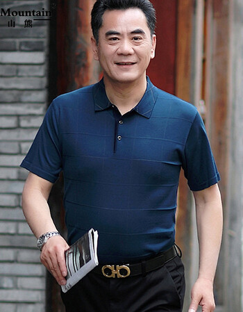 短袖t恤男中年人冰丝衣服2018新款夏季中老年男装纯色t恤 藏青 170/l