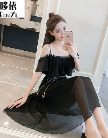 小清新初恋一字肩连衣裙子吊带韩版长裙00后高中森系显瘦学生女夏