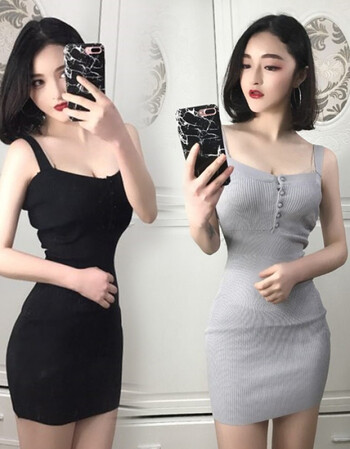 夜店女装紧身包臀低胸性感露背连衣裙夏修身显瘦针织打底吊带短裙