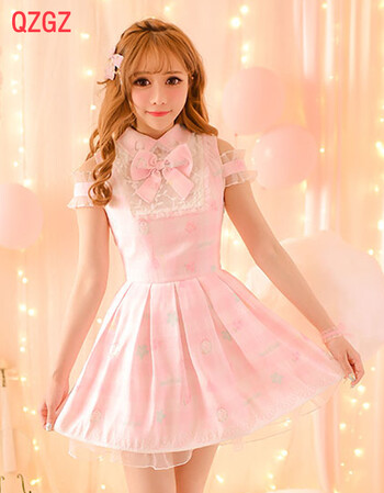 新款日系甜美可爱蝴蝶结露肩连衣裙修身气质蓬蓬裙小清新6066 粉红色